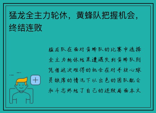 猛龙全主力轮休，黄蜂队把握机会，终结连败